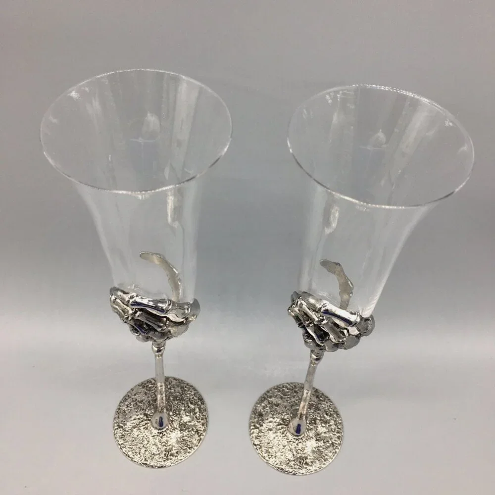 x2 Halloween Skeleton Hand Champagne Flute Glass Set Silver Metal Stem Elegant